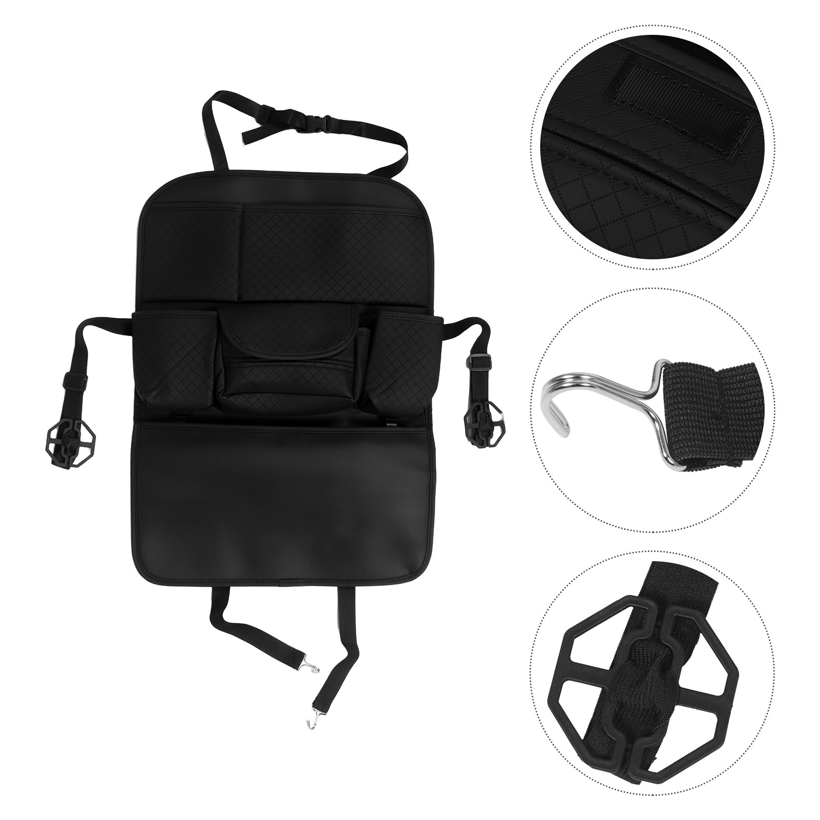 Car Trunk Organizer - กระเป๋าจัดระเบียบเบาะหลังรถยนต์สีดำ แบบหลายช่อง พร้อมที่แขวนเก็บของ ที่ใส่กระดาษทิชชู่ ที่วางแก้ว ที่วางโทรศัพท์