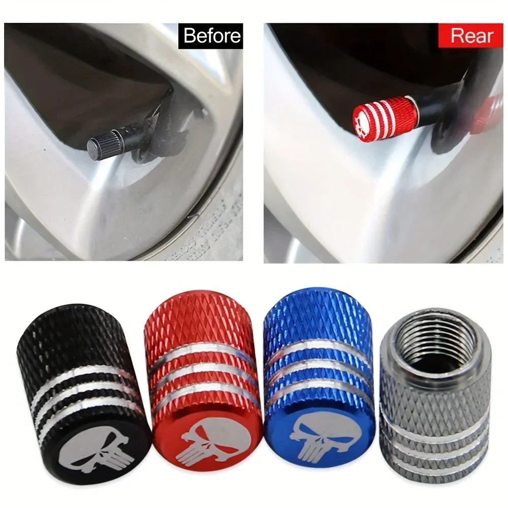 Steering Wheel Cover - ฝาครอบวาล์วยางลายหัวกะโหลก 4 ชิ้น ใหม่ สำหรับตกแต่งรถยนต์ มอเตอร์ไซค์