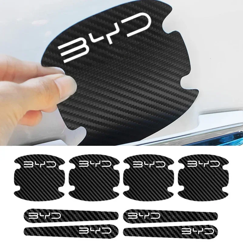 Car Door Handle Protector - สติ๊กเกอร์กันรอยคาร์บอนไฟเบอร์ 8 ชิ้น สำหรับมือจับประตูรถยนต์ สำหรับ BYD
